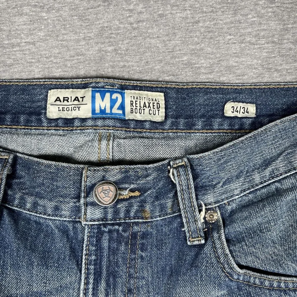 Ariat Legacy M2 Jeans Mens 34x32 Blue Light Wash Relaxed Boot Cut Distressed